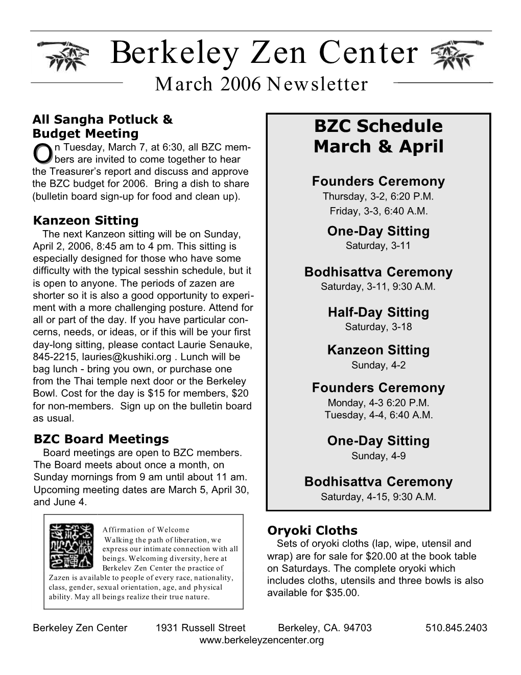 March 2006 Newsletter BZC Schedule March