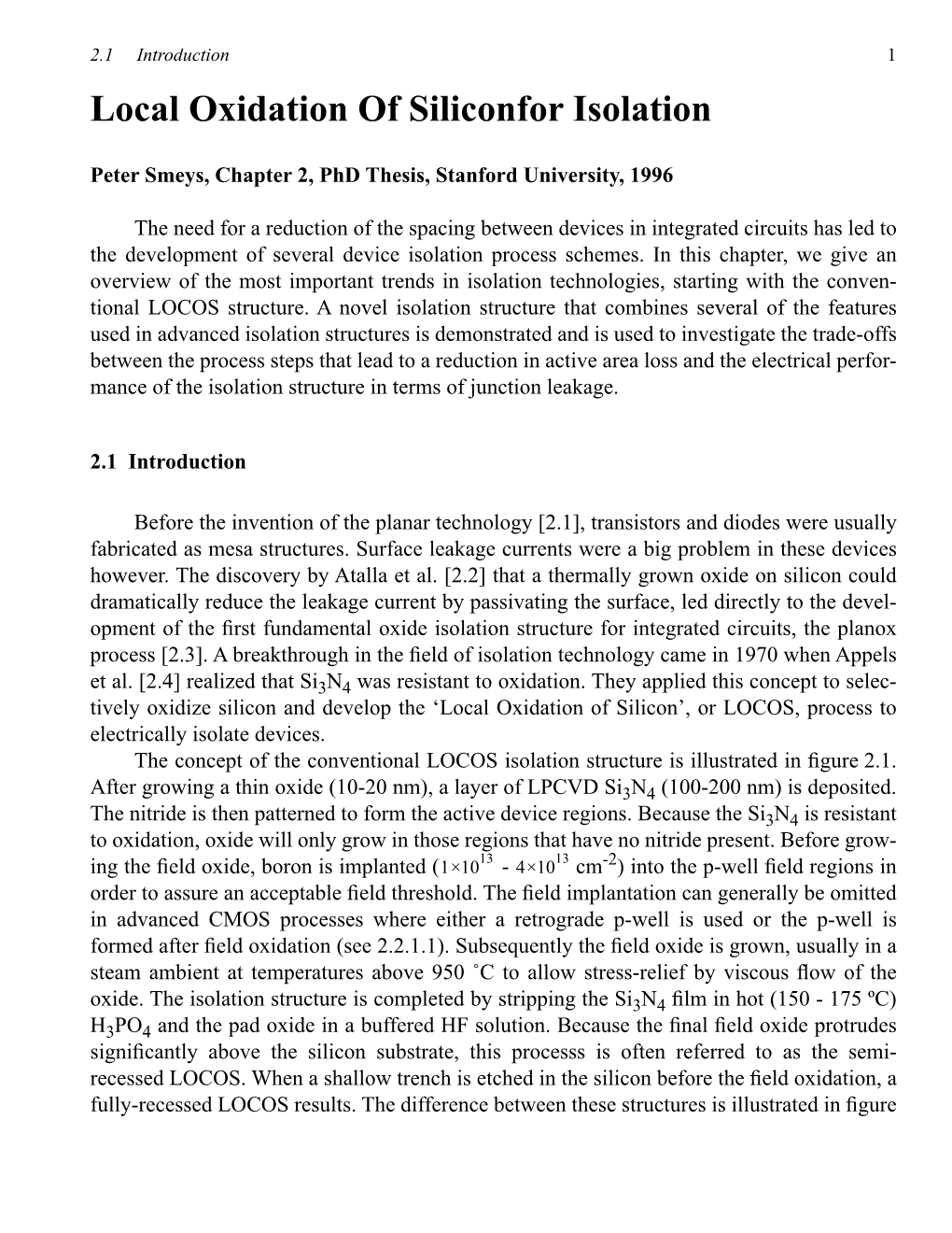 Local Oxidation of Siliconfor Isolation