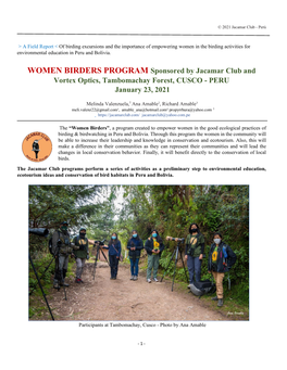 WOMEN BIRDERS PROGRAM Sponsored by Jacamar Club and Vortex Optics, Tambomachay Forest, CUSCO - PERU January 23, 2021