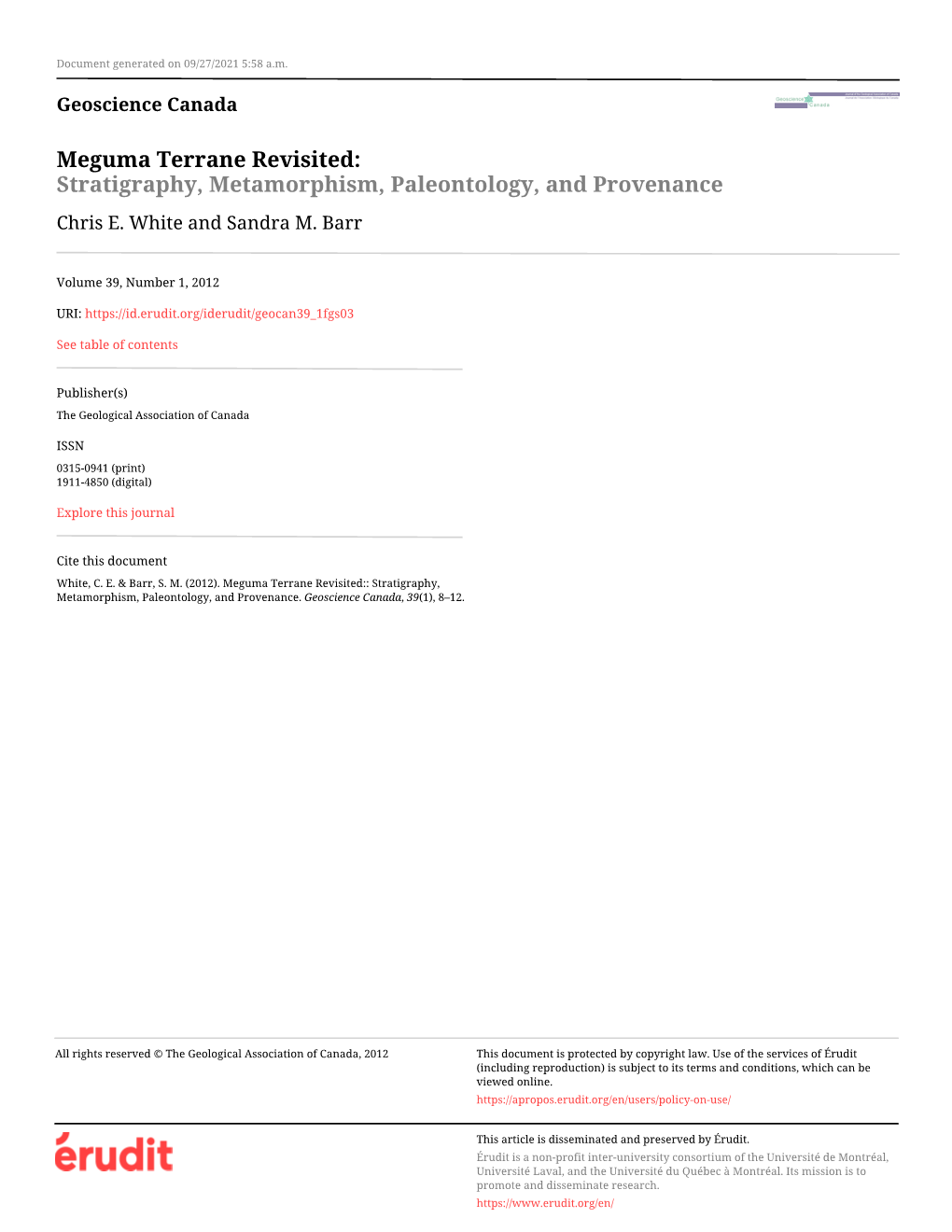 Meguma Terrane Revisited: Stratigraphy, Metamorphism, Paleontology, and Provenance Chris E