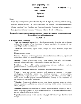 PHILOSOPHY Syllabus Paper-II Note:- Paper-II (Covering Entire Syllabi of Earlier Paper-II & Paper-III, Including All Core Group, Electives, Without Options)