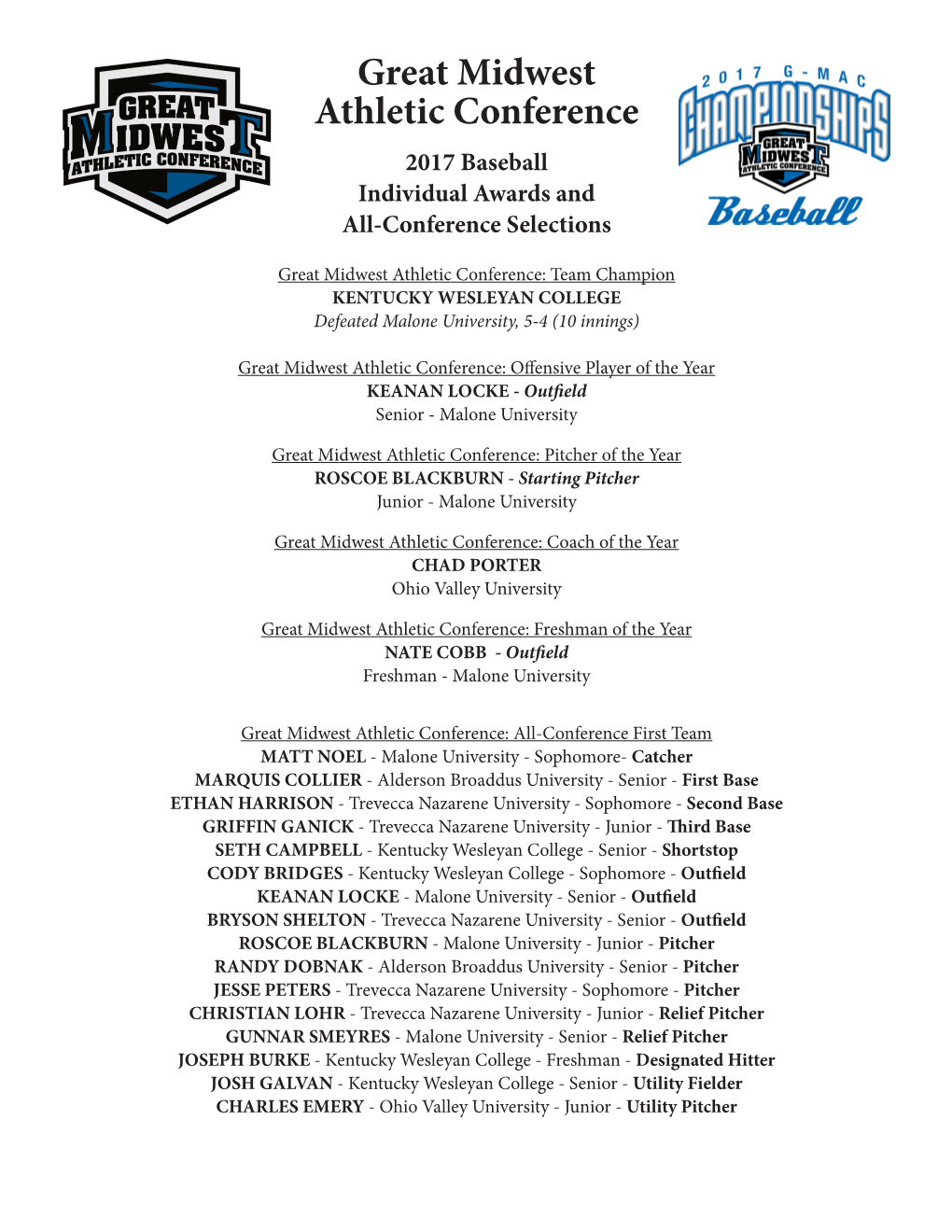 Great Midwest Athletic Conference 2017 Baseball Individual Awards and All-Conference Selections