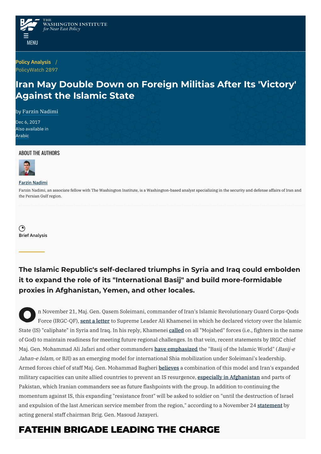 Iran May Double Down on Foreign Militias After Its 'Victory' Against the Islamic State by Farzin Nadimi