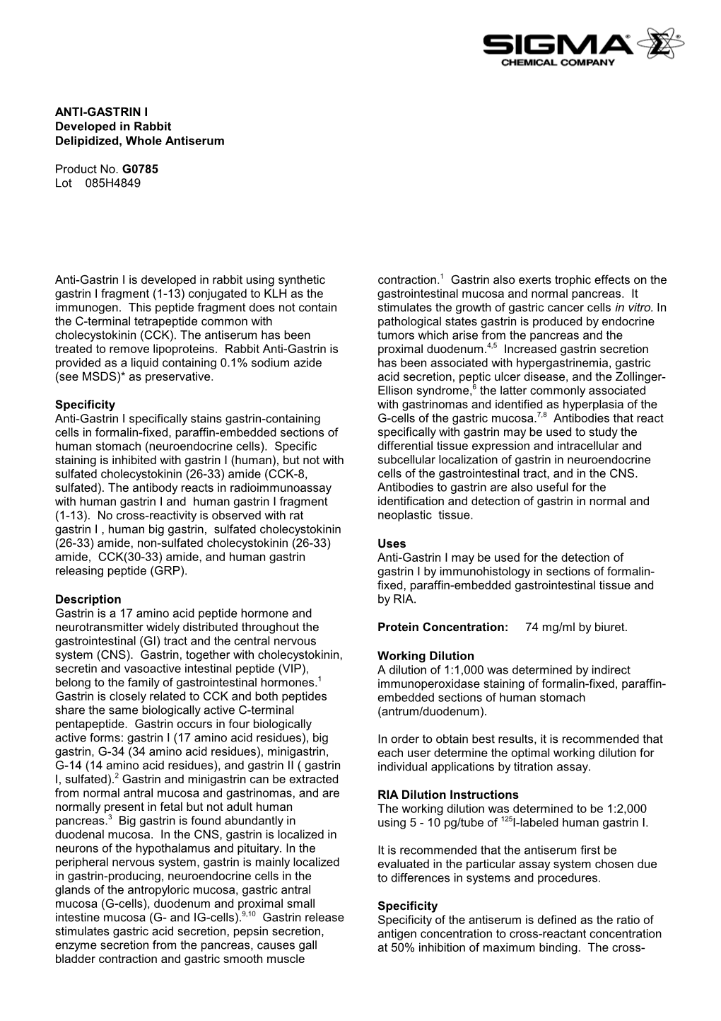 Anti-Gastrin I Antibody Produced in Rabbit (G0785)