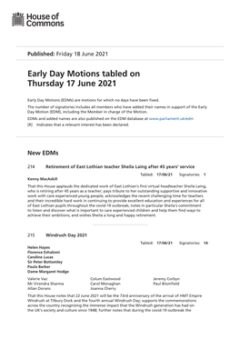 Early Day Motions Tabled on Thursday 17 June 2021