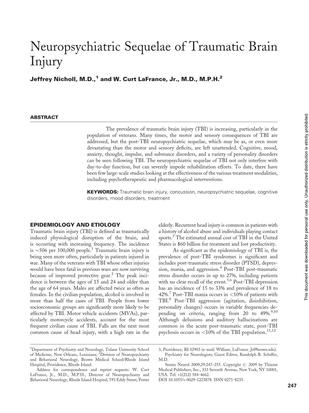 Neuropsychiatric Sequelae of Traumatic Brain Injury