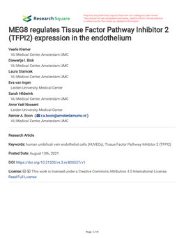 MEG8 Regulates Tissue Factor Pathway Inhibitor 2 (TFPI2) Expression in the Endothelium