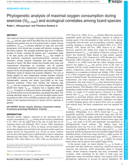 Phylogenetic Analysis of Maximal Oxygen Consumption During Exercise (VO2, Max) and Ecological Correlates Among Lizard Species Ralph L