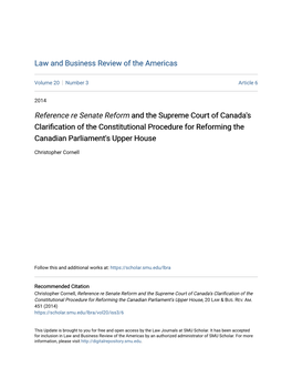 Reference Re Senate Reform and the Supreme Court of Canada's Clarification of the Constitutional Procedure for Reforming the Canadian Parliament's Upper House