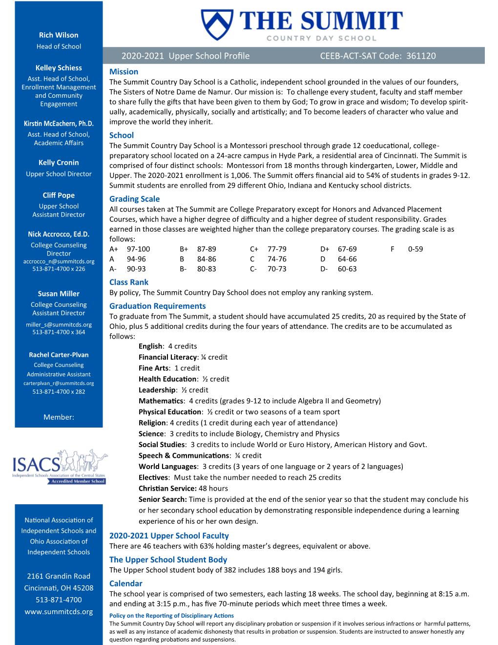 2020-2021 Upper School Profile CEEB-ACT-SAT Code: 361120 Kelley Schiess Mission Asst