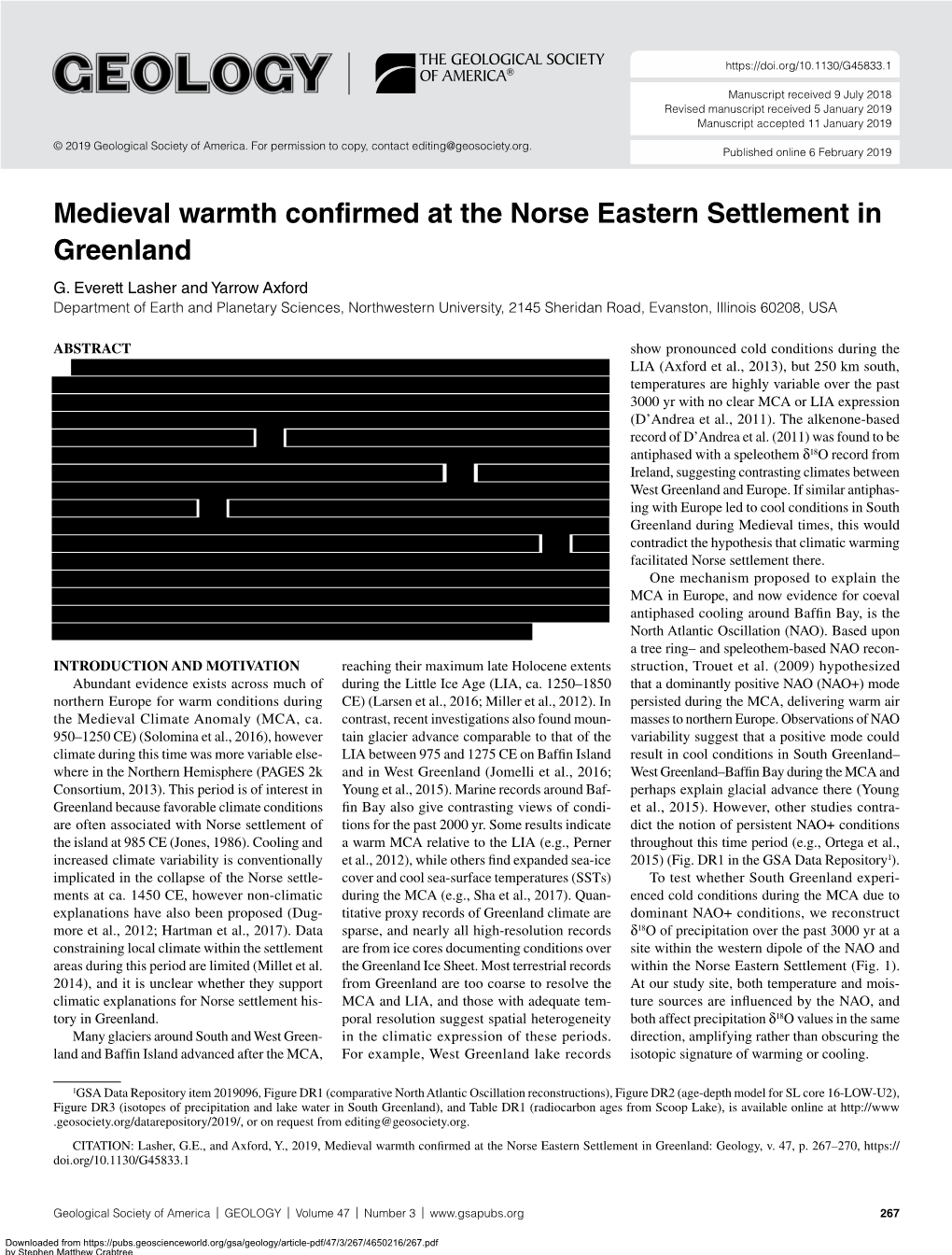 Medieval Warmth Confirmed at the Norse Eastern Settlement in Greenland G