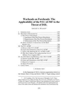 Warheads on Foreheads: the Applicability of the 9/11 AUMF to the Threat of ISIL