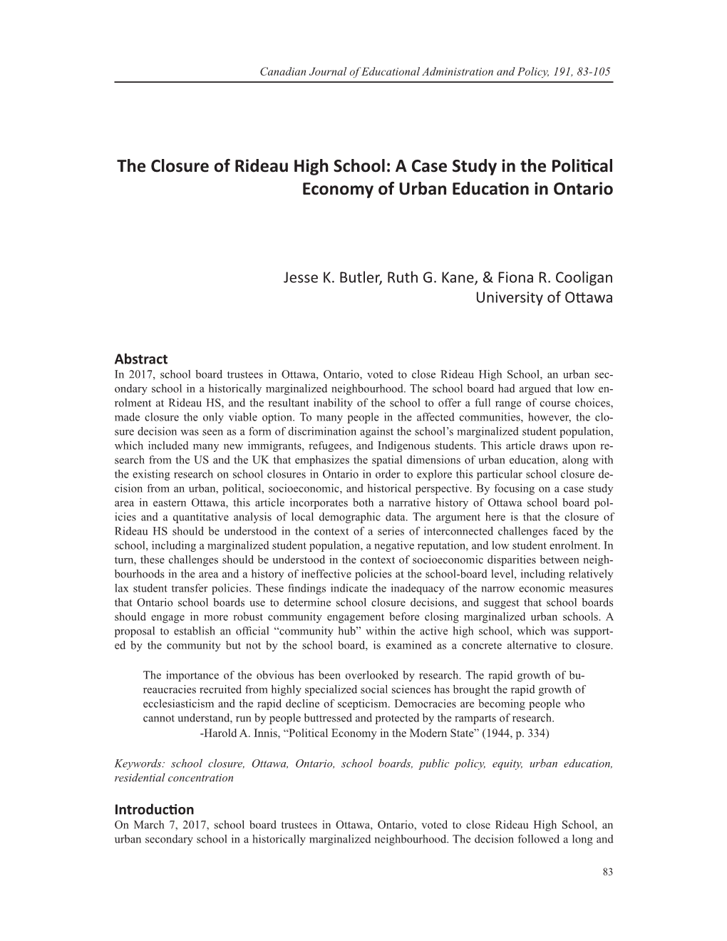 The Closure of Rideau High School: a Case Study in the Political Economy of Urban Education in Ontario