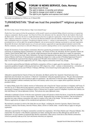 TURKMENISTAN: "Shall We Trust the President?" Religious Groups Ask