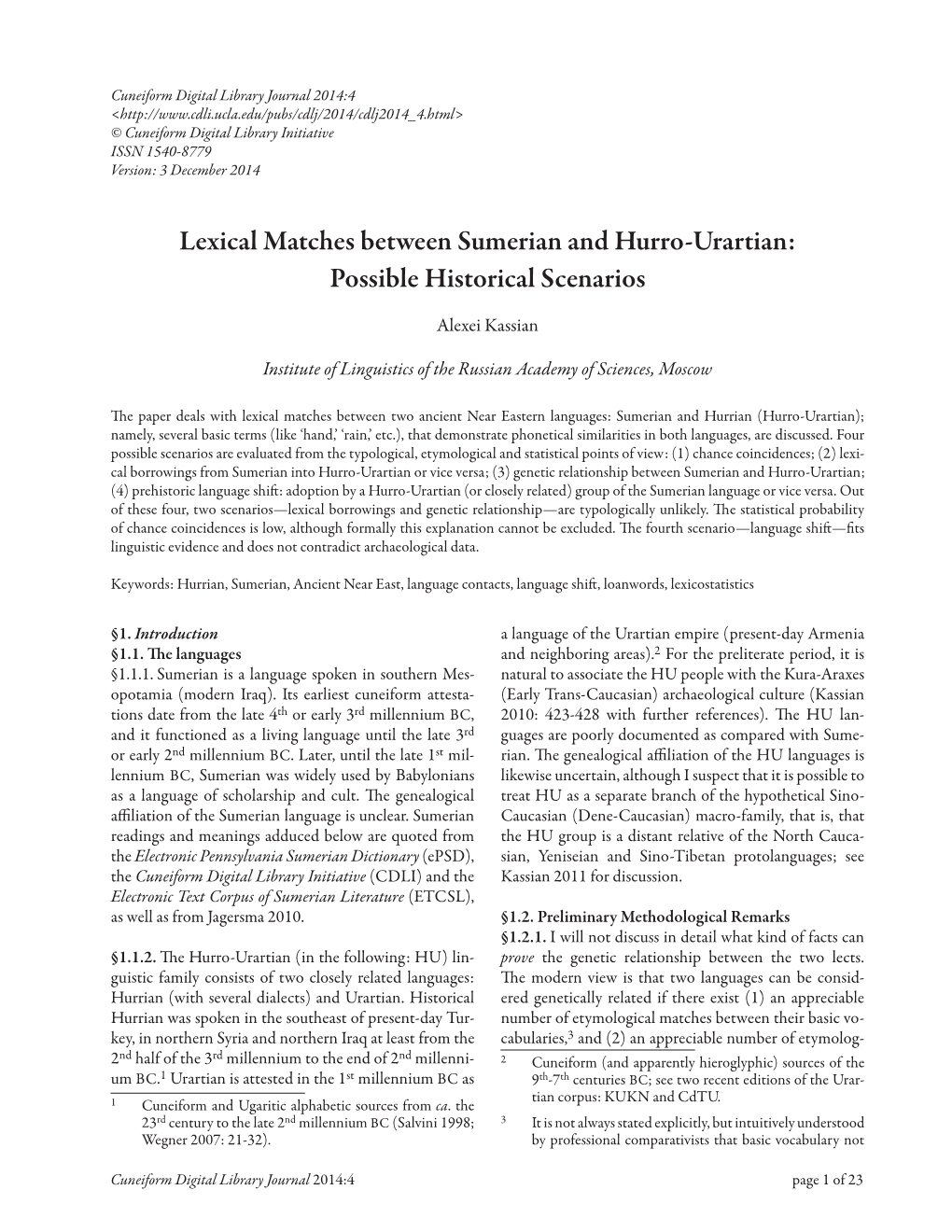 Lexical Matches Between Sumerian and Hurro-Urartian: Possible Historical Scenarios