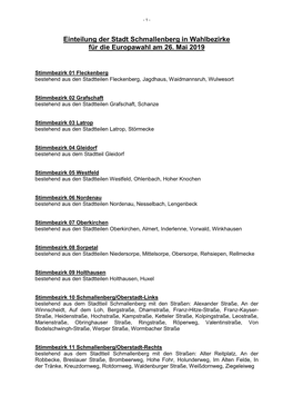 Einteilung Der Stadt Schmallenberg in Stimmbezirke Für Die