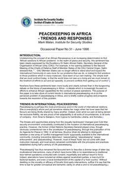 PEACEKEEPING in AFRICA - TRENDS and RESPONSES Mark Malan, Institute for Security Studies