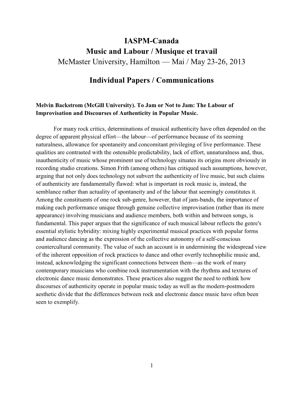 IASPM-Canada Music and Labour / Musique Et Travail Mcmaster University, Hamilton — Mai / May 23-26, 2013
