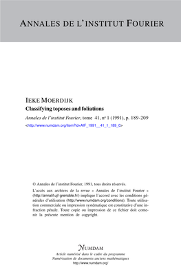 Classifying Toposes and Foliations Annales De L’Institut Fourier, Tome 41, No 1 (1991), P