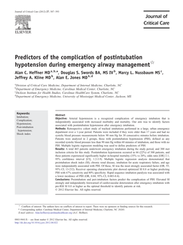 Predictors of the Complication of Postintubation Hypotension During Emergency Airway Management☆ Alan C