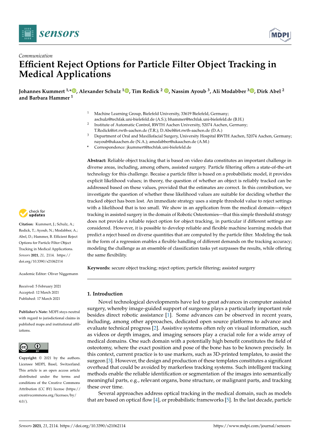 Efficient Reject Options for Particle Filter Object Tracking in Medical