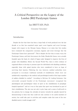 A Critical Perspective on the Legacy of the London 2012 Paralympic Games