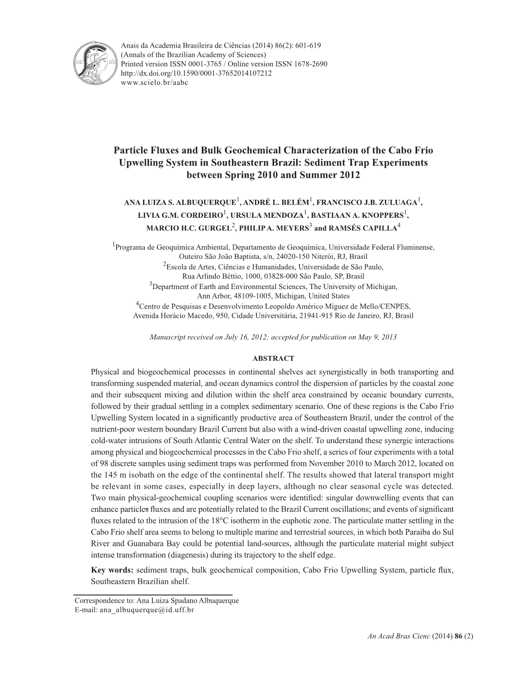 Particle Fluxes and Bulk Geochemical Characterization of the Cabo Frio