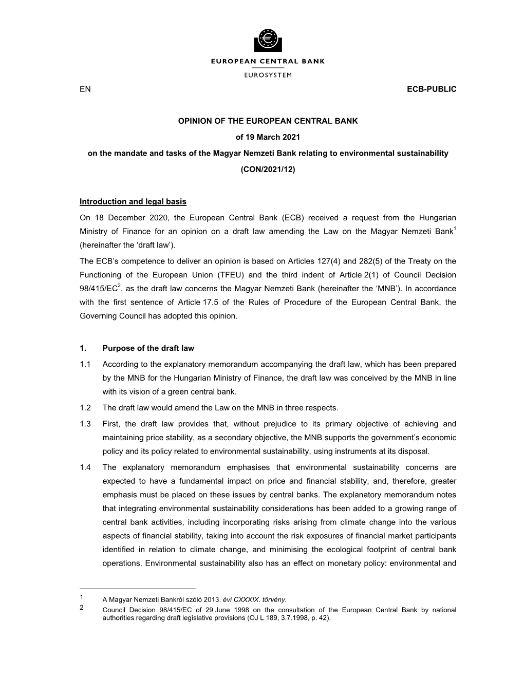 OPINION of the EUROPEAN CENTRAL BANK of 19 March 2021 on the Mandate and Tasks of the Magyar Nemzeti Bank Relating to Environmental Sustainability (CON/2021/12)