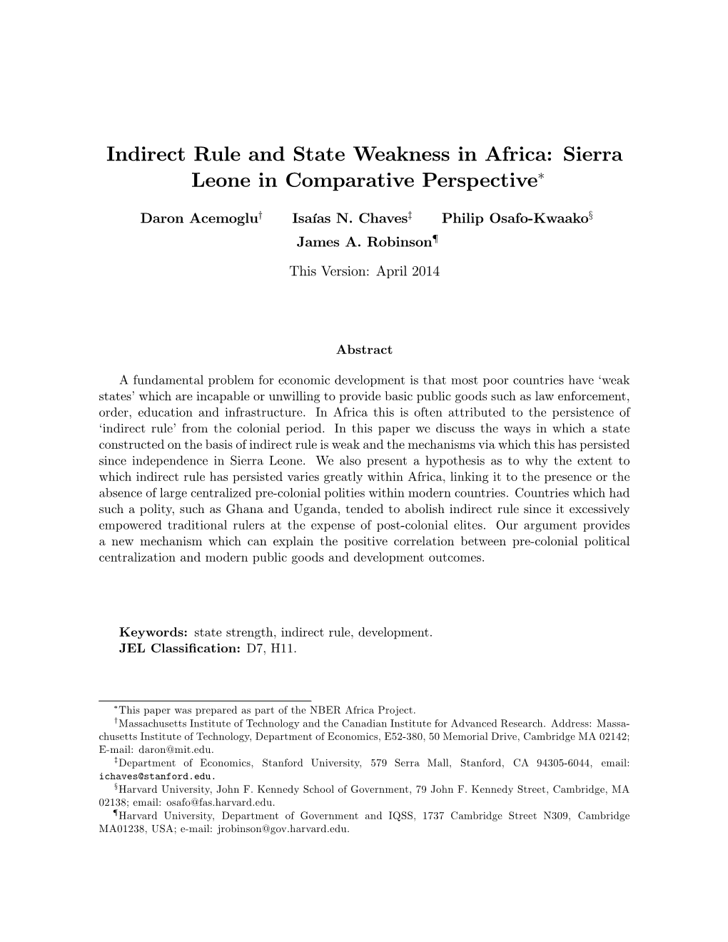 Indirect Rule and State Weakness in Africa: Sierra Leone in Comparative Perspective