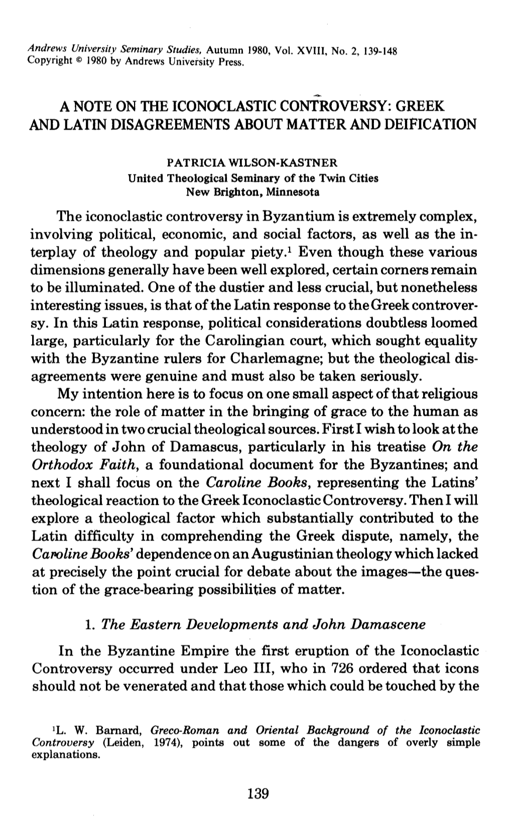 A Note on the Iconoclastic Controversy: Greek and Latin Disagreements About Matter and Deification