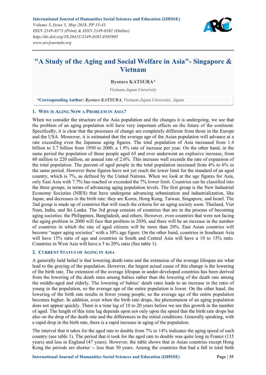 A Study of the Aging and Social Welfare in Asia"- Singapore & Vietnam