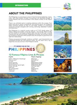 ABOUT the PHILIPPINES the Philippines Is a Picturesque Canvas of Land Formations Belted by Oceans, Rivers, and Other Bodies of Water