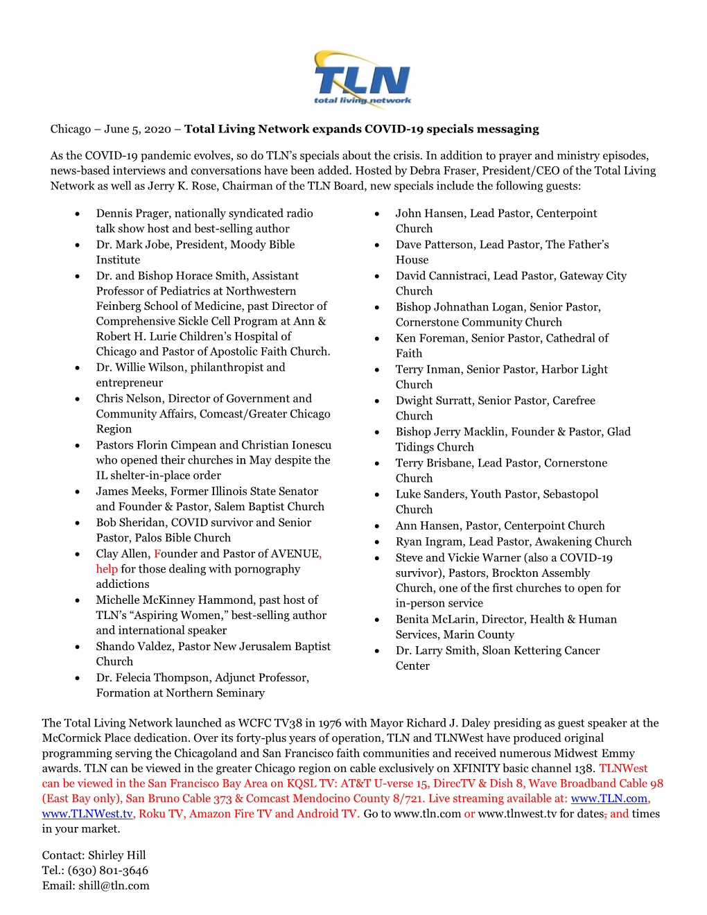 Chicago – June 5, 2020 – Total Living Network Expands COVID-19 Specials Messaging As the COVID-19 Pandemic Evolves, So Do T