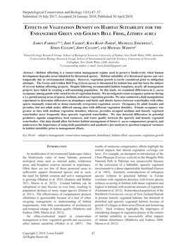 Effects of Vegetation Density on Habitat Suitability for the Endangered Green and Golden Bell Frog, Litoria Aurea