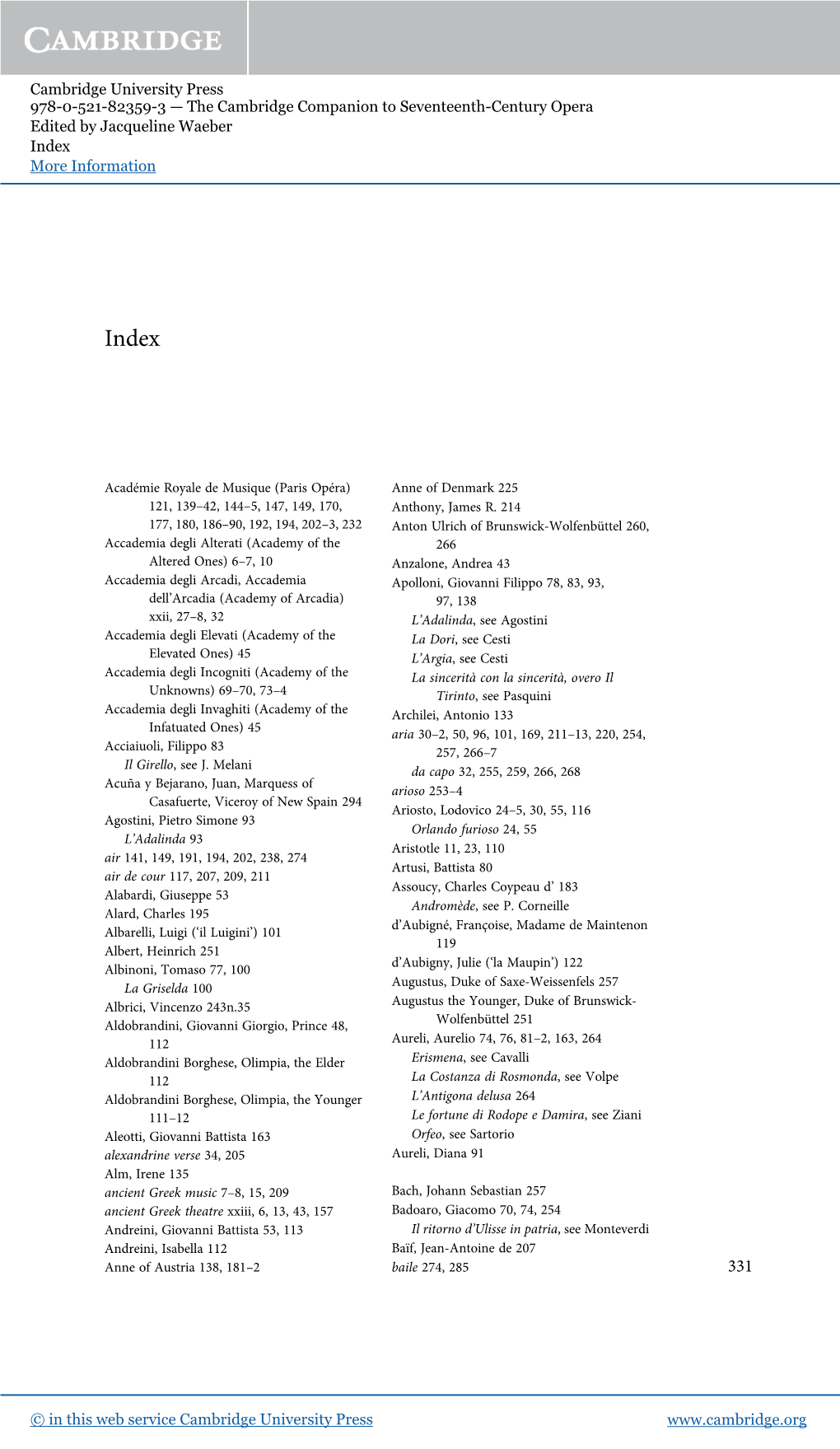 Cambridge University Press 978-0-521-82359-3 — the Cambridge Companion to Seventeenth-Century Opera Edited by Jacqueline Waeber Index More Information