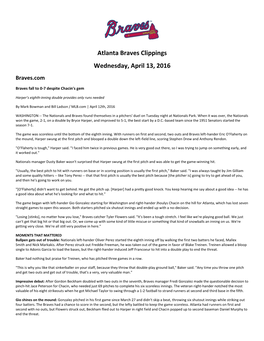 Atlanta Braves Clippings Wednesday, April 13, 2016 Braves.Com