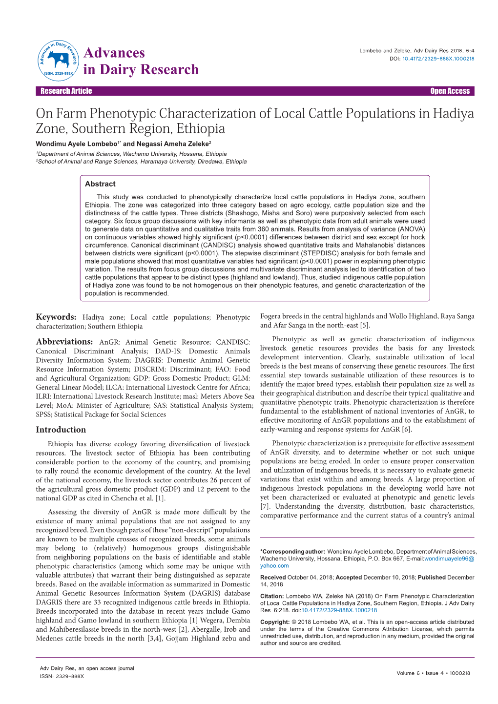 On Farm Phenotypic Characterization of Local Cattle Populations In