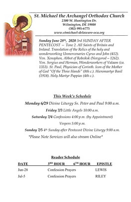 This Week's Schedule Monday 6/29 Divine Liturgy Ss. Peter and Paul 9