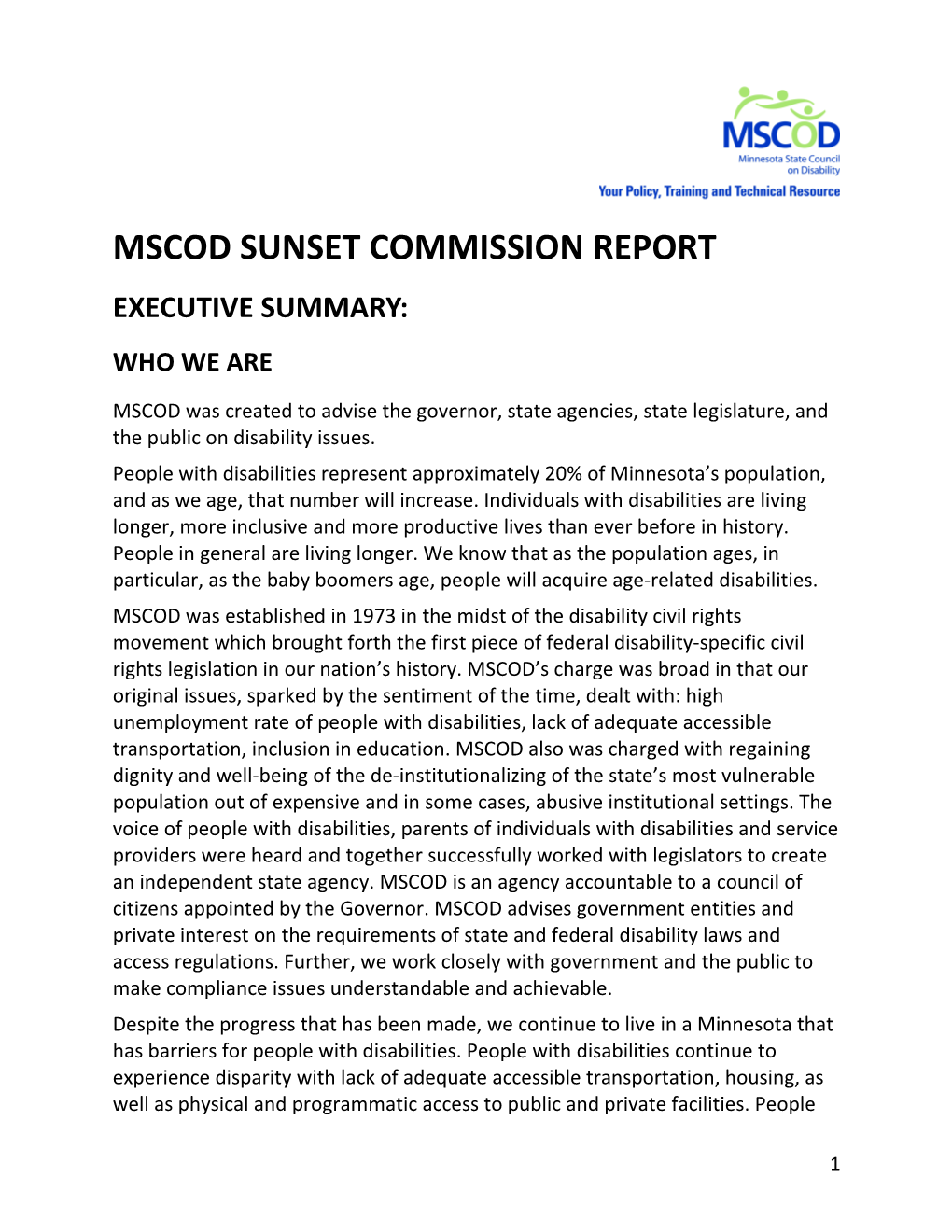 Mscod Sunset Commission Report