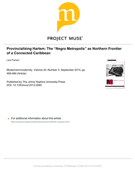 Provincializing Harlem: the “Negro Metropolis” As Northern Frontier of a Connected Caribbean