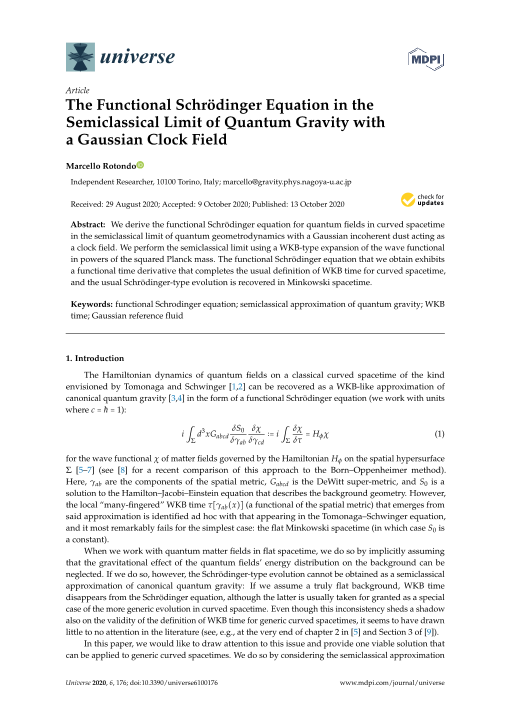 The Functional Schrödinger Equation in the Semiclassical Limit of Quantum Gravity with a Gaussian Clock Field