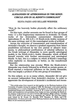 Alexander of Aphrodisias in the Kindi- Circle and in Al Hindi's Cosmology* Silvia Fazzo and Hillary Wiesner