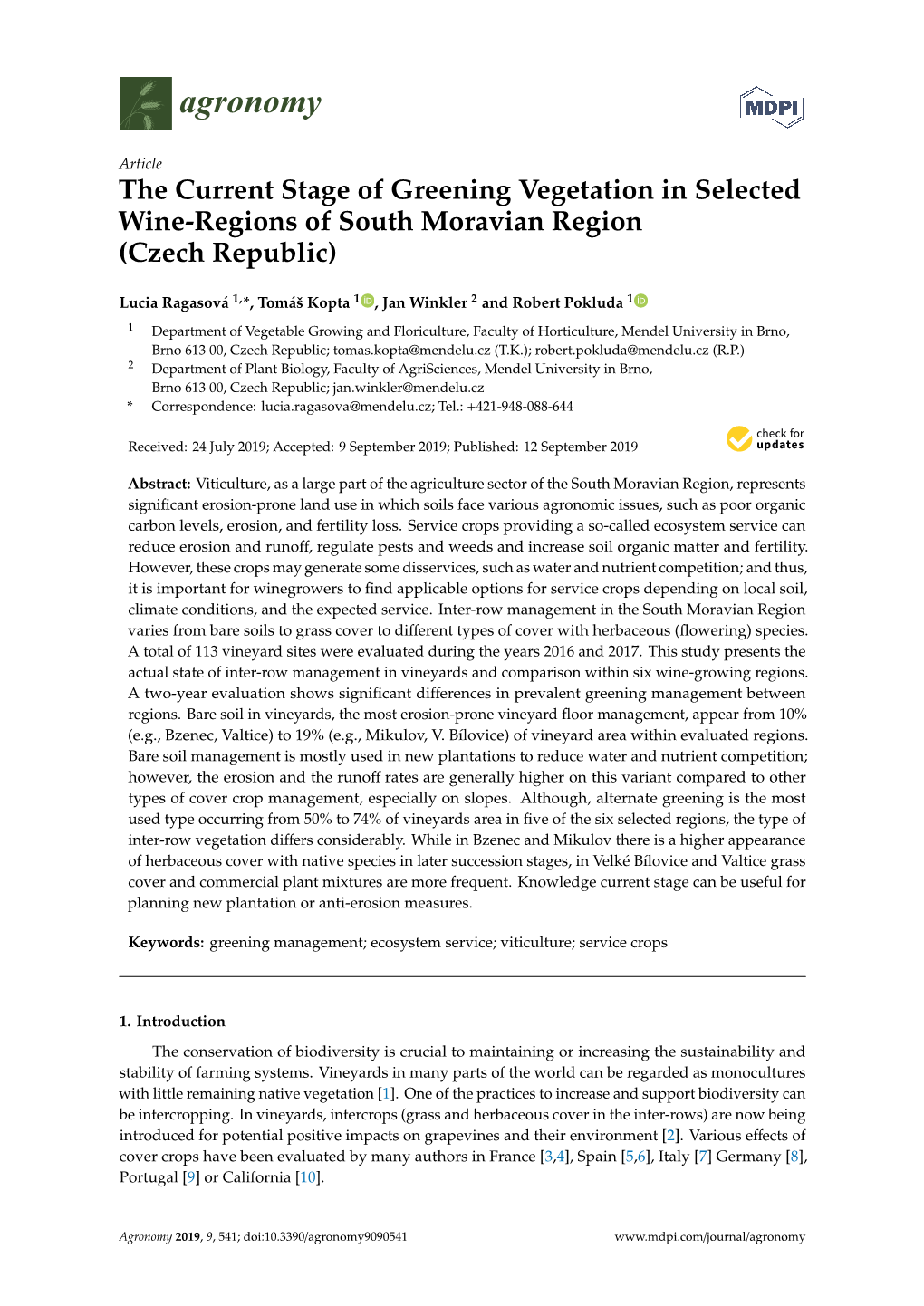 The Current Stage of Greening Vegetation in Selected Wine-Regions of South Moravian Region (Czech Republic)