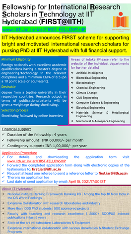 Fellowship for International Research Scholars in Technology at IIT