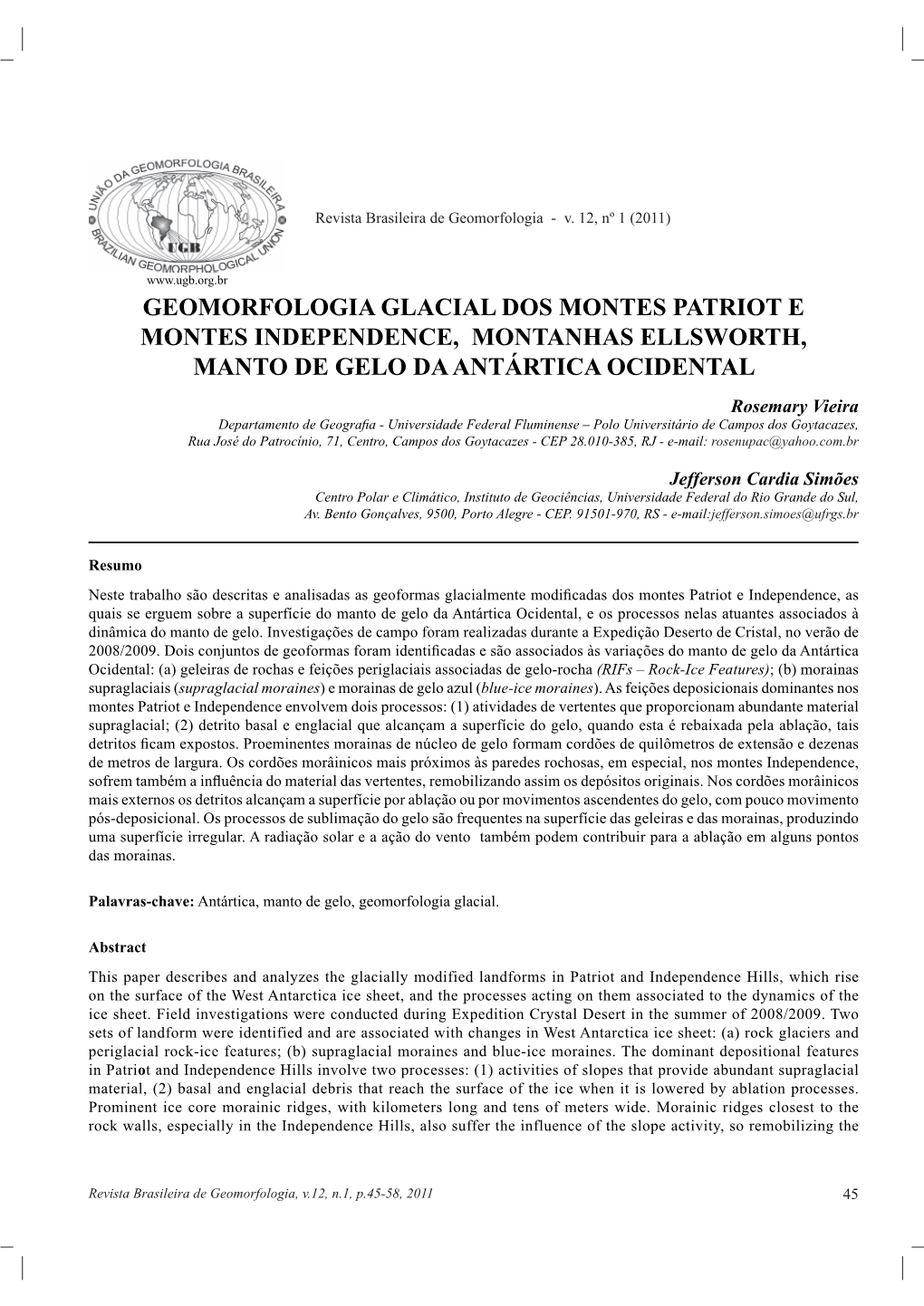 Geomorfologia Glacial Dos Montes Patriot E Montes