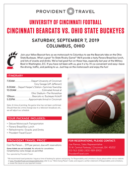Cincinnati Bearcats Vs. Ohio State Buckeyes Saturday, September 7, 2019 Columbus, Ohio