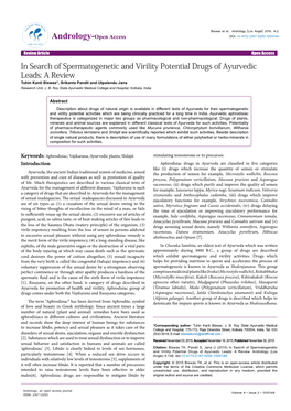 In Search of Spermatogenetic and Virility Potential Drugs of Ayurvedic Leads: a Review Tuhin Kanti Biswas*, Srikanta Pandit and Utpalendu Jana Research Unit, J