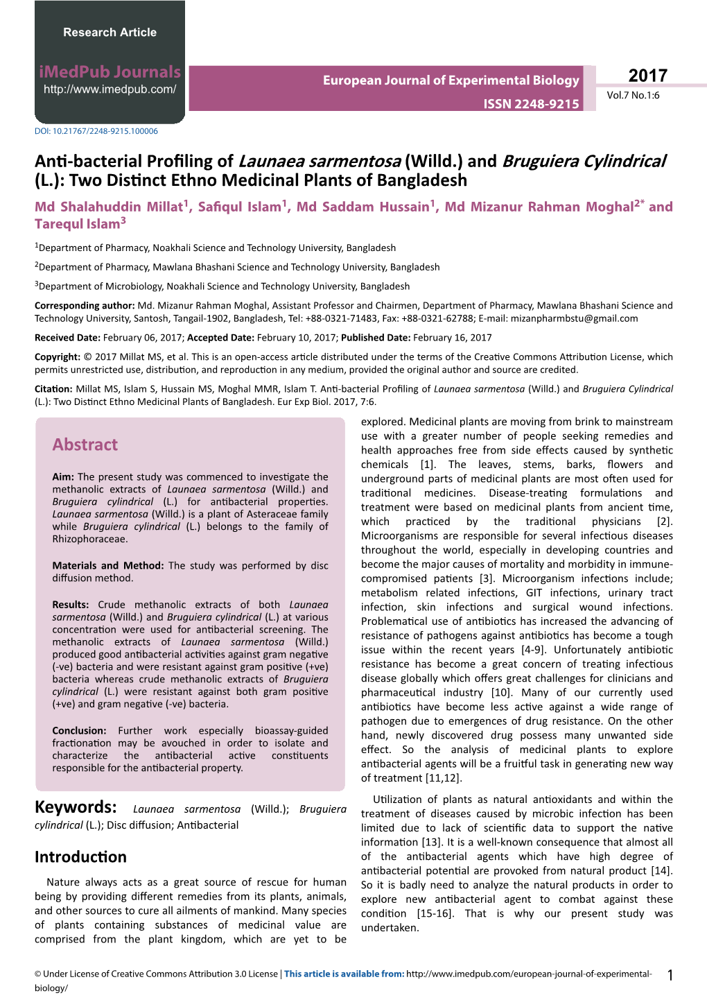 Anti-Bacterial Profiling of Launaea Sarmentosa (Willd.) and Bruguiera