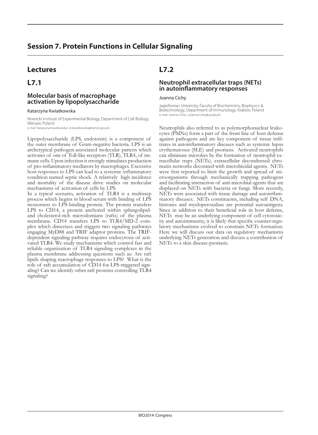 Session 7. Protein Functions in Cellular Signaling Lectures L7.1 L7.2