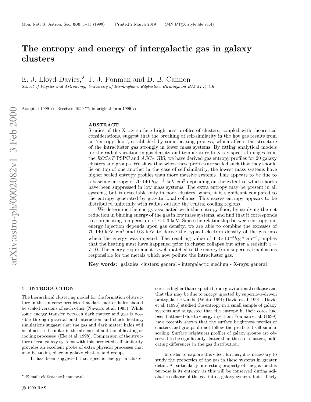 The Entropy and Energy of Intergalactic Gas in Galaxy Clusters 3 Tems Which Is Fairly Relaxed and X-Ray Bright